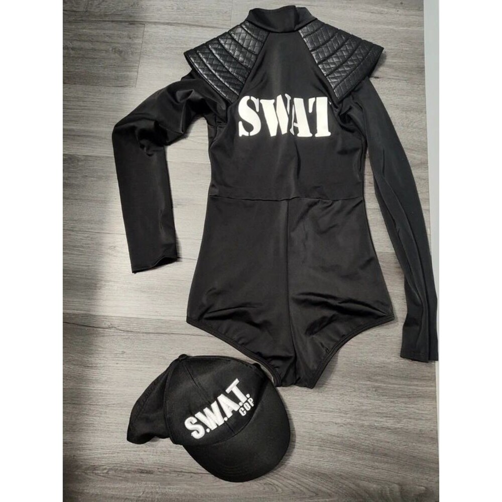 Swat leg avenue police officer costume Halloween bodysuit hat black xs